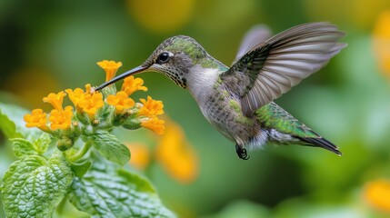 Fototapeta premium Ruby-throated hummingbird feeding from a flower on a white background