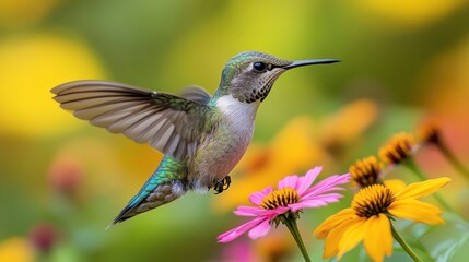 Ruby-throated hummingbird feeding on a flower on a white background