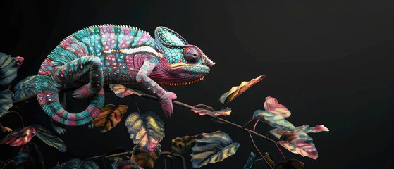 Obraz premium A Vibrant Chameleon Perched on a Branch with Colorful Leaves Against a Black Background