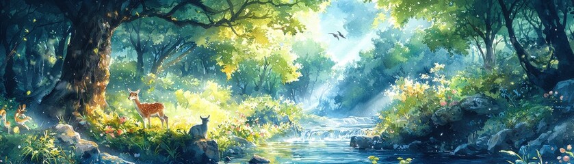 Fototapeta premium Watercolor scene of nature conservation, wild animals in lush forest, conserving endangered species, vibrant ecosystem, serene natural setting, eco-friendly habitat, Midjourney
