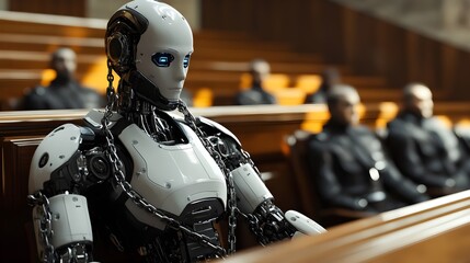 A futuristic courtroom scene where an AI robot, shackled in chains, stands trial, representing the complex issue of AI and legal responsibility