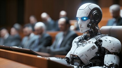 Fototapeta premium An AI robot in a futuristic trial, with chains of law binding its movement, while a lawyer argues its case