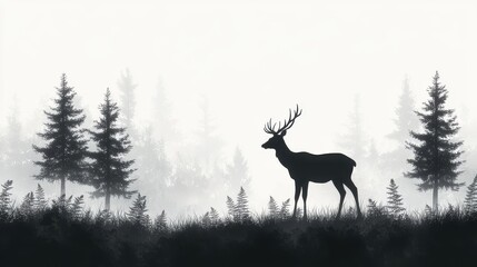 Silhouette of a deer in the forest on a white background, peaceful scene