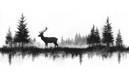 Silhouette of a deer in the forest on a white background, peaceful scene