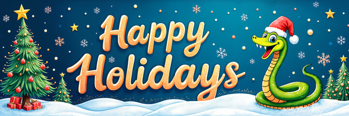 Festive holiday greeting with the words Happy Holidays prominently displayed, and a cartoon snake wearing a Santa hat is also visible.
