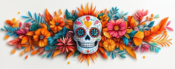 A vibrant skull surrounded by tropical flowers, perfect for celebrating life and honoring traditions.