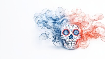 Fototapeta premium Colorful skull design with swirling smoke in red and blue. Perfect for Halloween, art, and cultural themes.