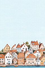 Obraz premium Charming seaside village illustration featuring hand drawn houses in various colors, surrounded by boats and greenery, evoking serene coastal atmosphere