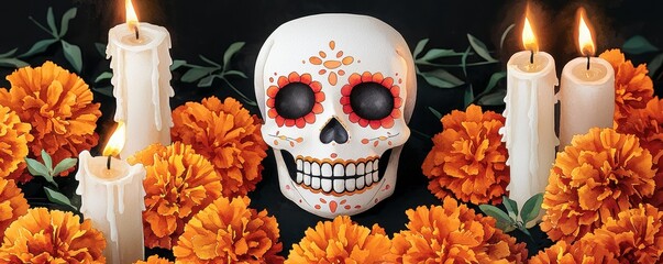 Vibrant Day of the Dead altar featuring a decorative skull, marigold flowers, and candles, celebrating life and remembrance.