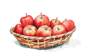 A rustic woven basket filled with vibrant red apples creates warm and inviting scene. watercolor illustration captures freshness and natural beauty of apples, evoking sense of home and comfort