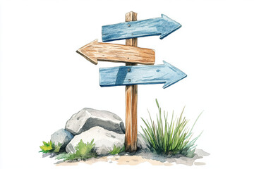 Watercolor illustration of trail marker with arrows pointing in different directions, surrounded by rocks and grass, evoking sense of adventure and exploration