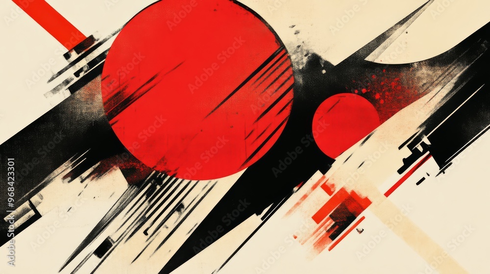 Poster abstract geometric composition with red circles and black brushstrokes on beige background. modern a