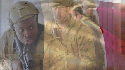 Animation of flag of belgium over diverse soldiers - Powered by Adobe