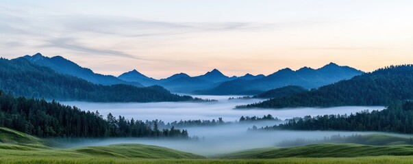 Fototapeta premium A breathtaking landscape showcasing mountains and a tranquil misty valley at dawn, perfect for nature enthusiasts.