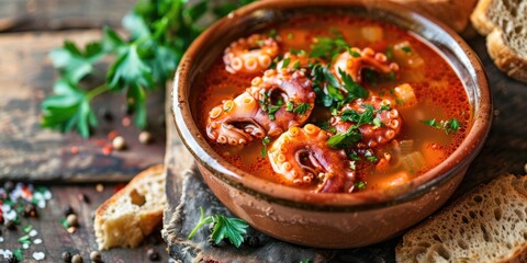 Cephalopod in Tomato Broth with Bread and Herbs in Clay Dish on Timber Surface