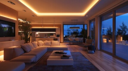 Fototapeta premium Modern living room with large sofa, wooden floor, and blue rug, lit by warm ceiling lights.