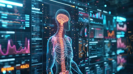 human anatomy, brain, spinal cord, digital interface, technology, medical data, healthcare visualization, neural connections, abstract background, scientific illustration