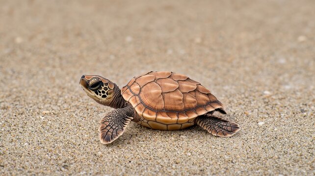 A small turtle crawling on the sandy beach, showcasing its beautiful shell and vibrant colors under natural lighting.