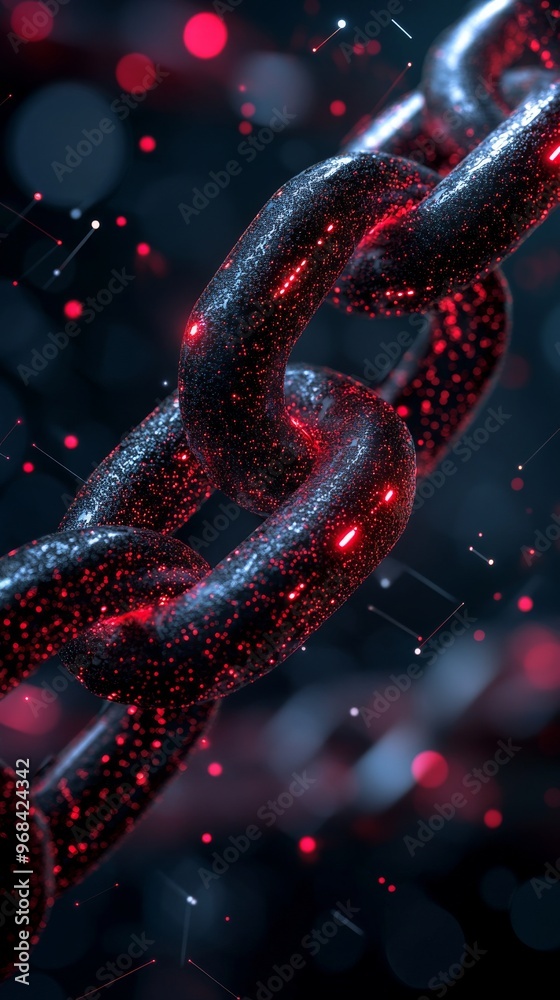 Poster Close-up of a steel chain glowing with red light in a digital environment. Technology and connection concept