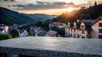 Fototapeta premium Empty stone or marble tabletop or counter with display product with blured city, town, outdoor background.