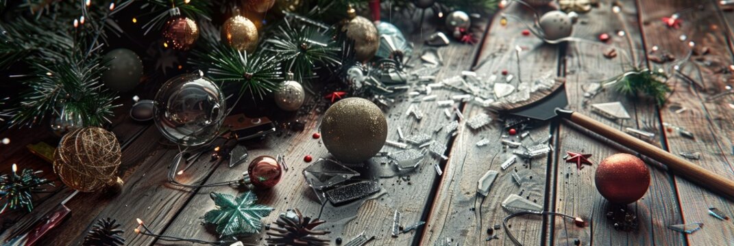Shattered glass baubles and broken Christmas ornaments scattered on a wooden floor, as a broom and dustpan are used to clean up the damaged decorations, marking the conclusion of the winter