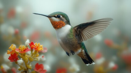 Fototapeta premium Vibrant hummingbird hovering in mid-air on a white background, wings blurred