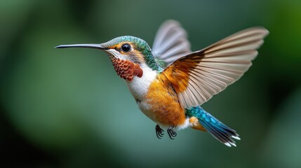 Vibrant hummingbird hovering in mid-air on a white background, wings blurred