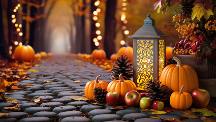Obraz premium Happy Thanksgiving Backgrounds, A cozy autumn scene featuring pumpkins, lanterns, apples, and warm lights along a cobblestone path in a forest.