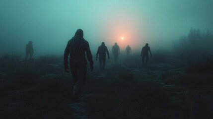 A group of undead figures slowly walking across a foggy moor at night, their decayed forms blending with the mist as they move silently toward the horizon.