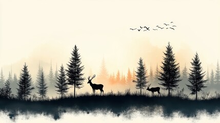 Wildlife background featuring trees and animals on a white background, simple design