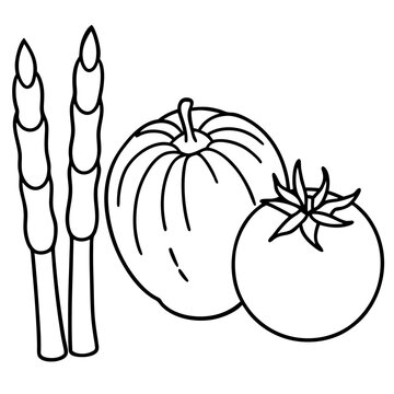 black and white vegetables: asparagus, pumpkin, tomato clip art preview