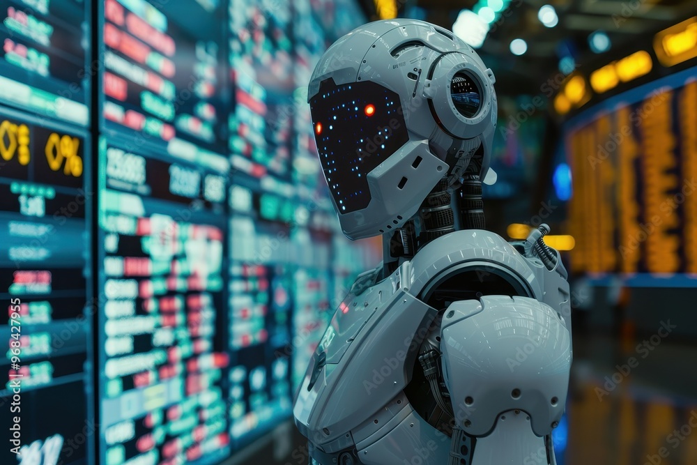 Wall mural a robot stands in front of a wall of monitors displaying stock market data
