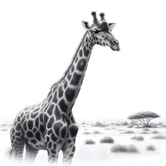 Naklejka premium 흰 배경, 기린, 펜슬 드로잉 (White background, giraffe, pencil drawing)