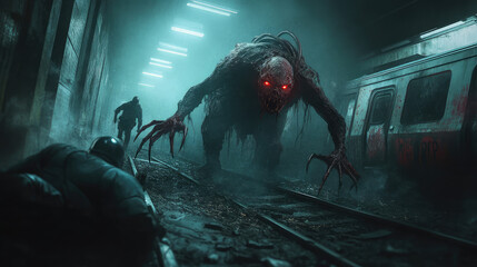 An infected monster with long, sharp claws, its face distorted and eyes glowing red, creeping through a dilapidated subway station as toxic gas fills the air.