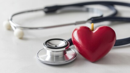 A stethoscope beside a red heart symbol, representing health care, medicine, and compassion in the medical field.