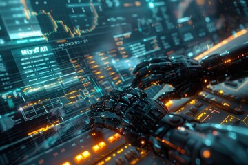 A robot is typing on a computer screen with the words "Myst" on the screen