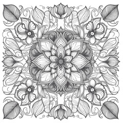 A mandala with swirling patterns that transition into delicate orchids and leaves at the edges3.eps
