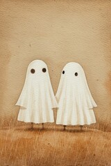 Cute illustration of two cartoon ghosts in white sheets standing together on a textured brown background, perfect for Halloween themes.