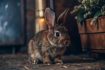 Fototapeta premium Cute Brown Rabbit Sitting on Wooden Surface.