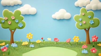 Fototapeta premium Empty 3D cartoon background for kids, colorful landscape, vibrant and playful setting