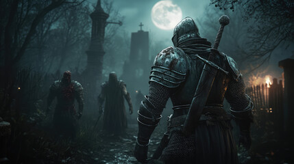 Fototapeta premium Undead knights rising from their graves at night, their rusty armor clanking as they walk through the overgrown cemetery beneath the full moon.