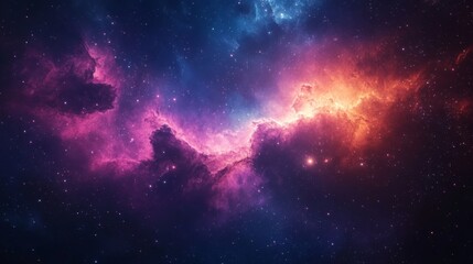 Obraz premium A vibrant nebula with pink, blue, and orange hues surrounded by twinkling stars.