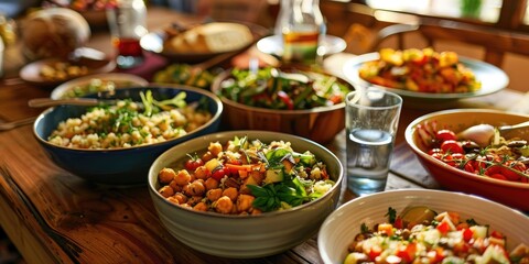 Obraz premium Assorted bowls and plates of food on a wooden table