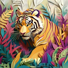 Fototapeta premium Colorful layered paper illustration of a tiger in the jungle, vibrant foliage, and exotic plants