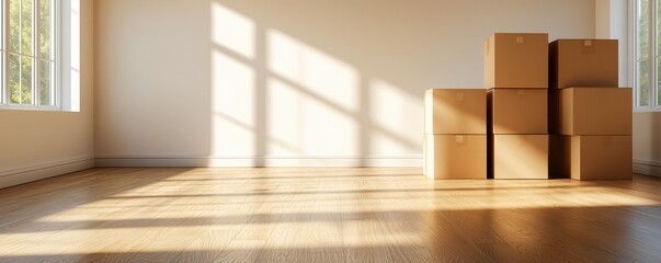 Bright, empty room featuring sunlight streaming through windows, with stacked cardboard boxes on polished wooden floor.