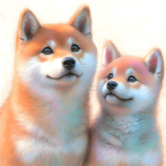 Obraz premium 흰 배경, 시바이누, 파스텔화 (White background, Shiba Inu, pastel painting)