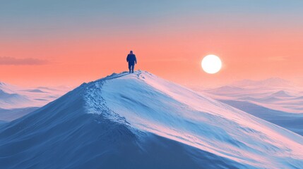 Solitary Figure on a Snowy Mountain Peak at Sunset