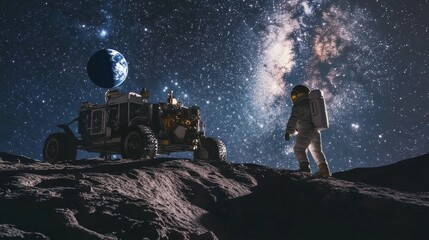An astronaut explores the moon's surface with a lunar rover, Earth visible in the background.