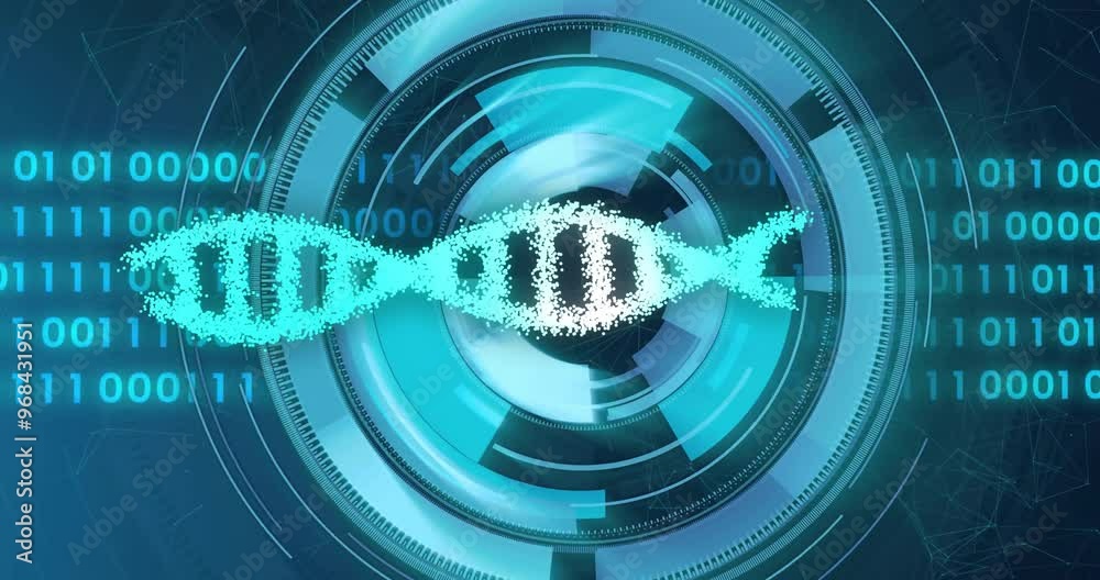 Poster animation of dna strand over data processing and scope scanning on black background