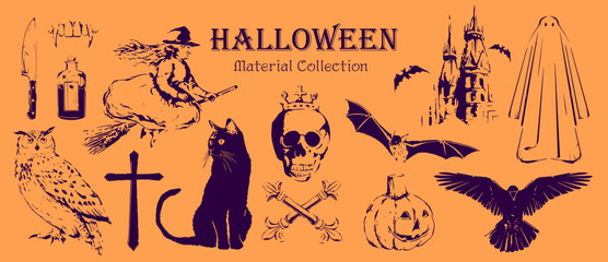 【手描き風】ハロウィン素材集　ゴシックなモノクロベクターイラストセット © surface Change